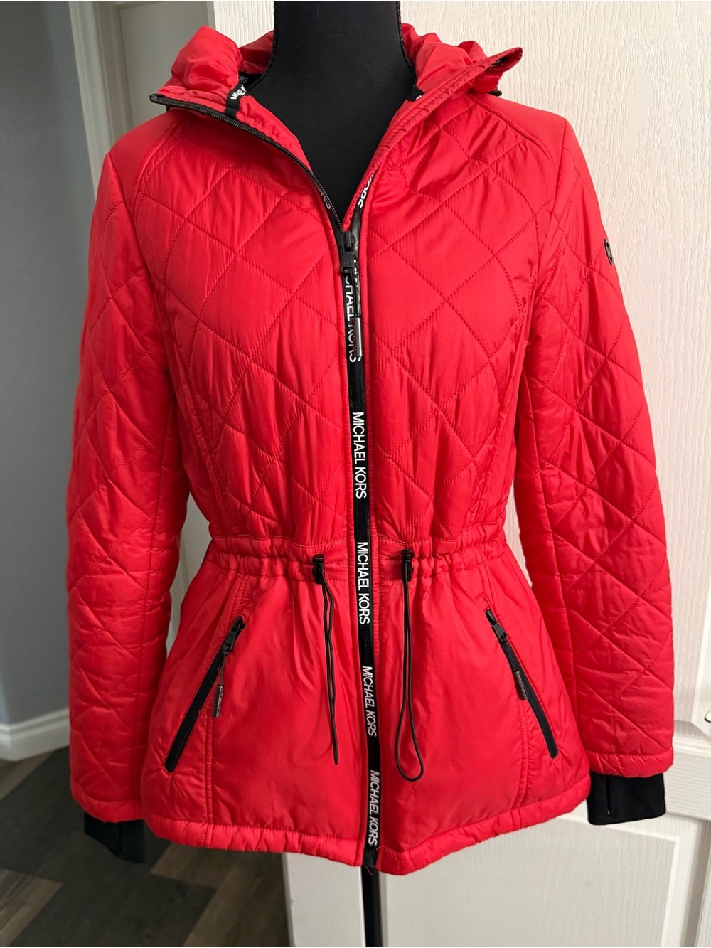 Michael Kors Bright Red Quilted Hooded Puffer Jacket